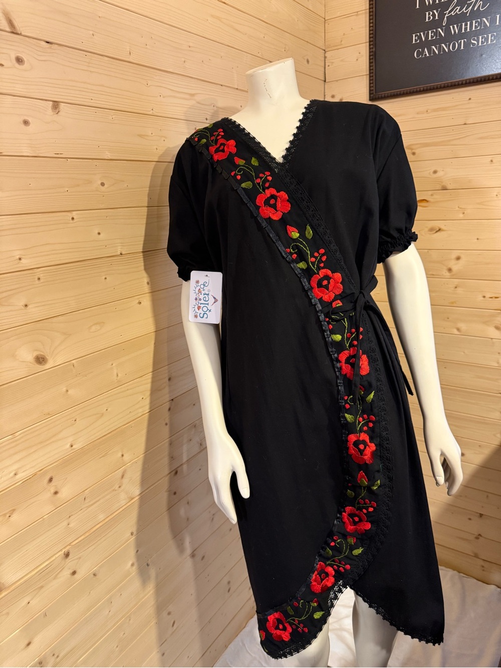 Authentic Mexican Black Wrap Dress with Red Floral Embroidery